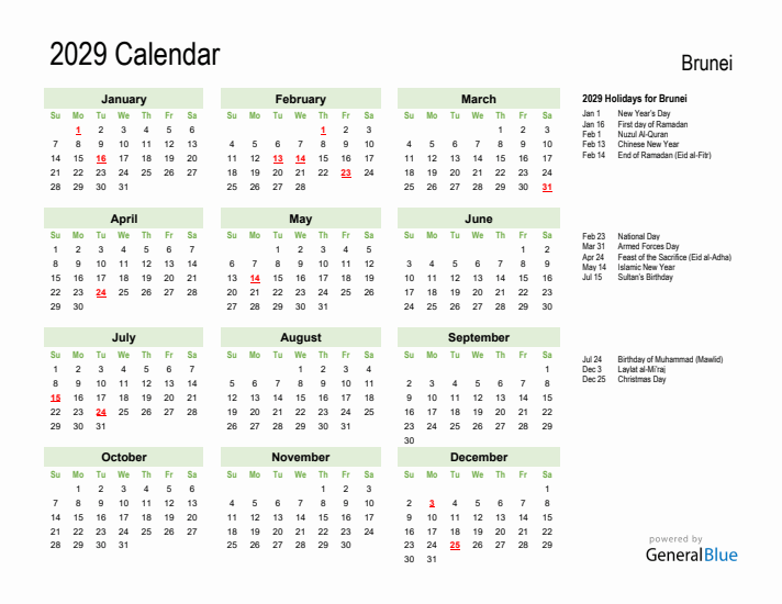 Holiday Calendar 2029 for Brunei (Sunday Start)