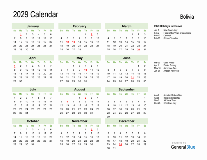 Holiday Calendar 2029 for Bolivia (Sunday Start)