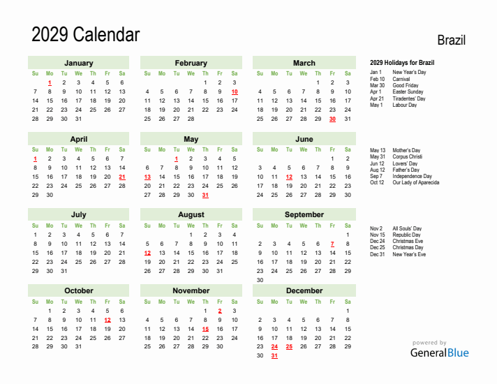 Holiday Calendar 2029 for Brazil (Sunday Start)