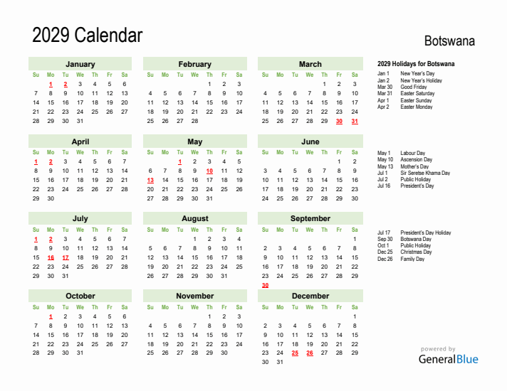 Holiday Calendar 2029 for Botswana (Sunday Start)