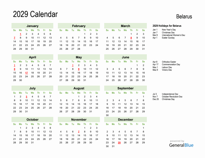 Holiday Calendar 2029 for Belarus (Sunday Start)