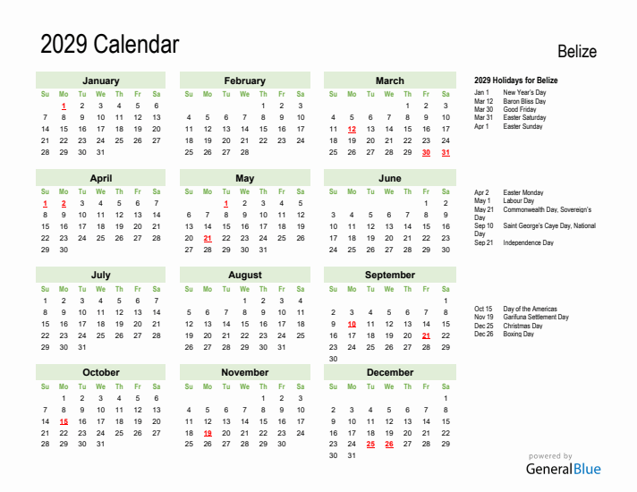 Holiday Calendar 2029 for Belize (Sunday Start)