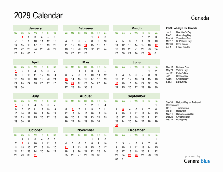 Holiday Calendar 2029 for Canada (Sunday Start)