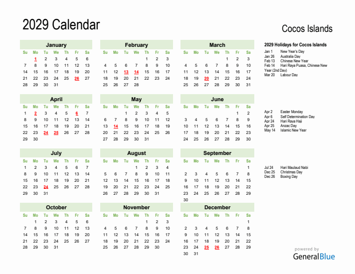 Holiday Calendar 2029 for Cocos Islands (Sunday Start)