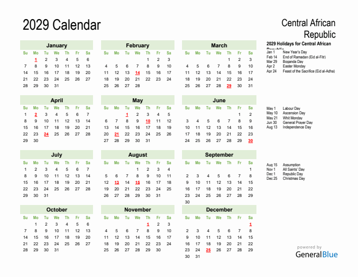 Holiday Calendar 2029 for Central African Republic (Sunday Start)
