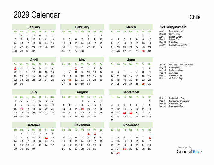 Holiday Calendar 2029 for Chile (Sunday Start)