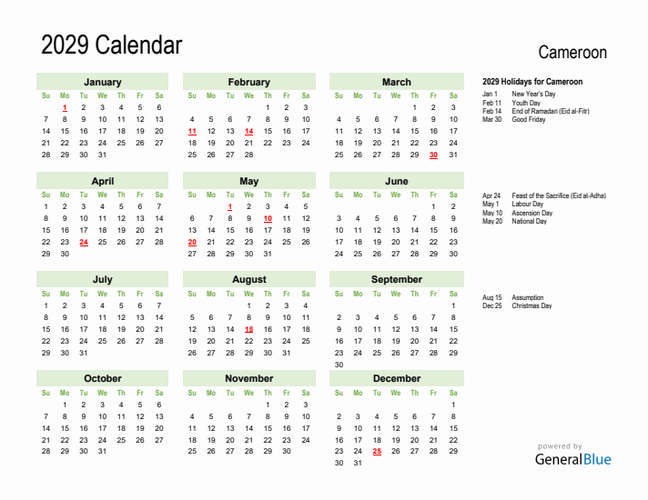 Holiday Calendar 2029 for Cameroon (Sunday Start)