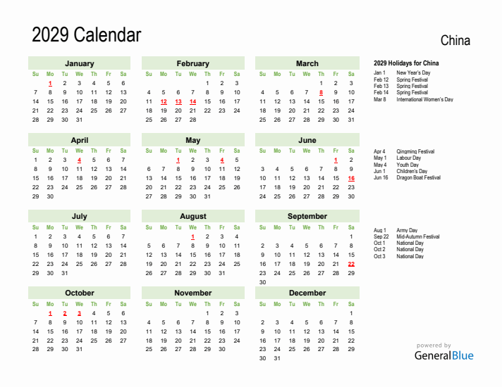 Holiday Calendar 2029 for China (Sunday Start)