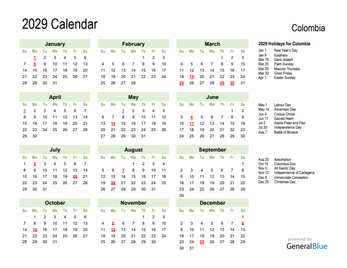 Holiday Calendar 2029 for Colombia (Sunday Start)