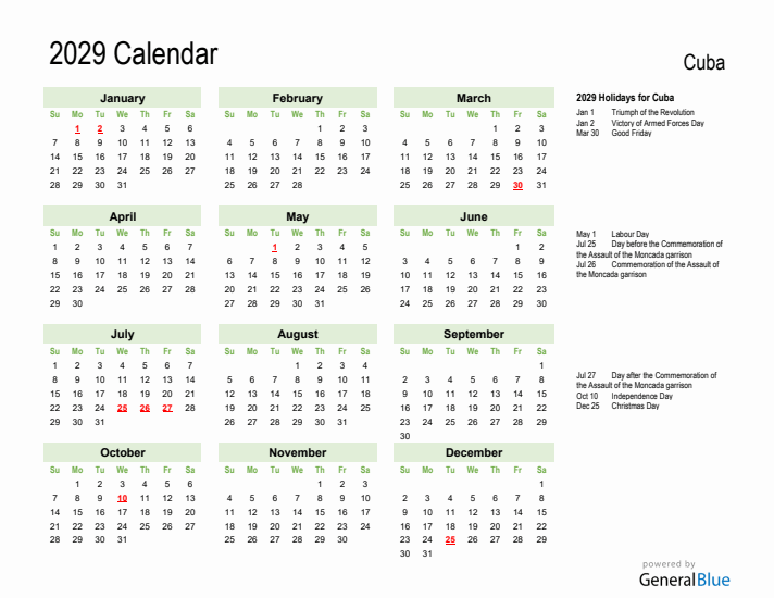 Holiday Calendar 2029 for Cuba (Sunday Start)