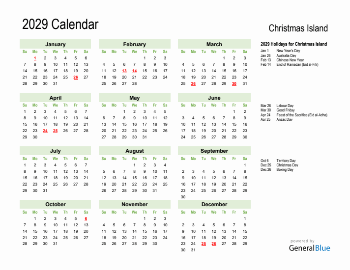 Holiday Calendar 2029 for Christmas Island (Sunday Start)