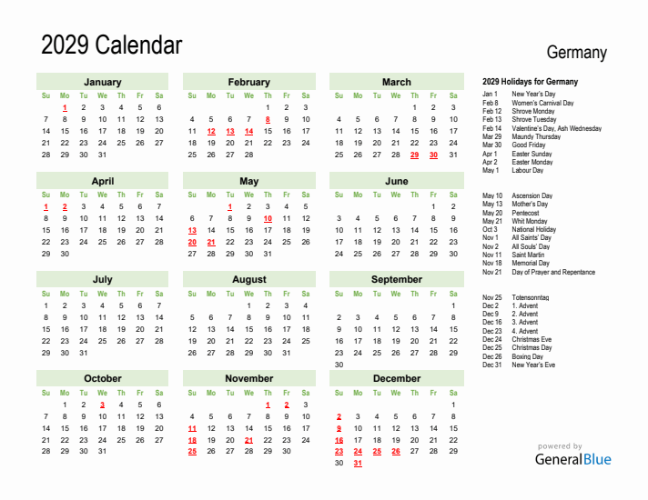 Holiday Calendar 2029 for Germany (Sunday Start)