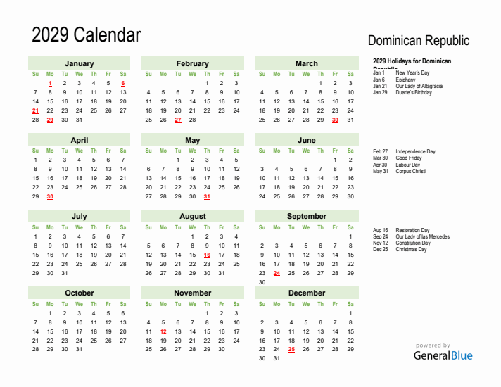 Holiday Calendar 2029 for Dominican Republic (Sunday Start)
