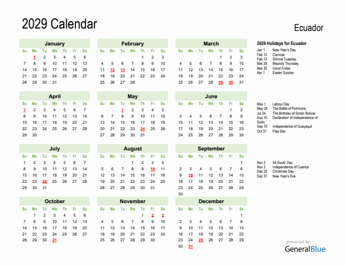 Holiday Calendar 2029 for Ecuador (Sunday Start)