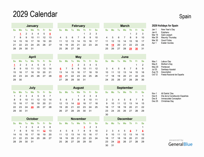 Holiday Calendar 2029 for Spain (Sunday Start)