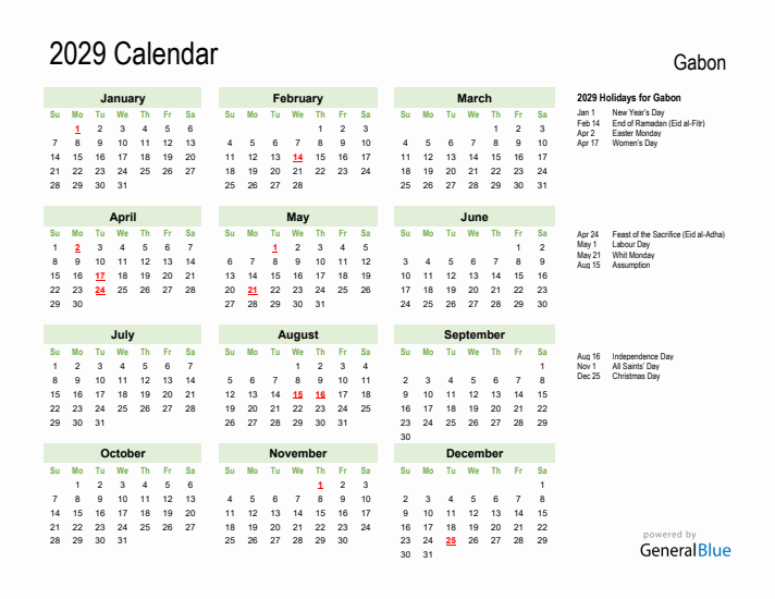 Holiday Calendar 2029 for Gabon (Sunday Start)