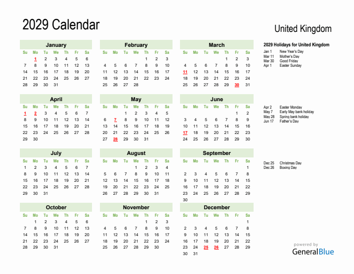 Holiday Calendar 2029 for United Kingdom (Sunday Start)