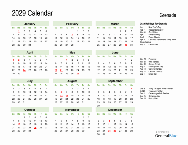 Holiday Calendar 2029 for Grenada (Sunday Start)