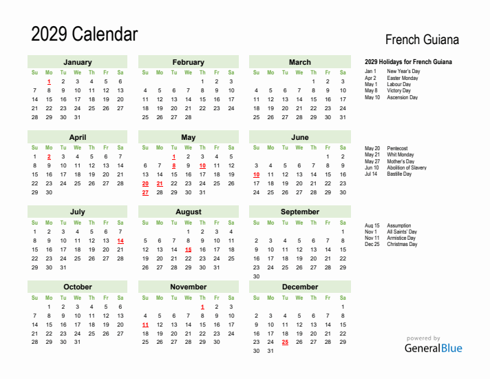 Holiday Calendar 2029 for French Guiana (Sunday Start)