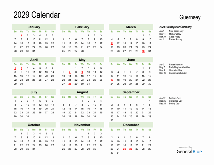 Holiday Calendar 2029 for Guernsey (Sunday Start)
