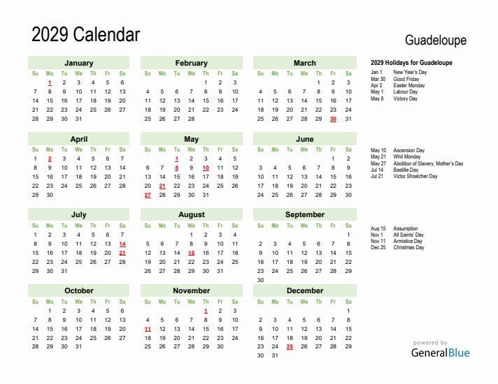 Holiday Calendar 2029 for Guadeloupe (Sunday Start)