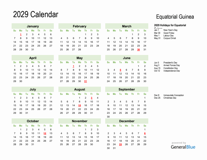 Holiday Calendar 2029 for Equatorial Guinea (Sunday Start)