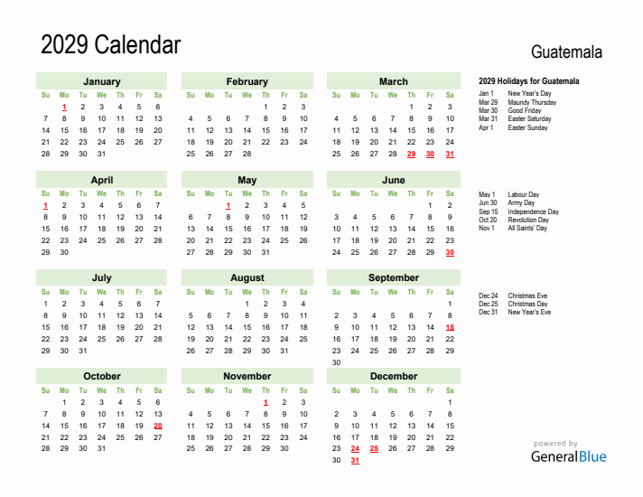 Holiday Calendar 2029 for Guatemala (Sunday Start)