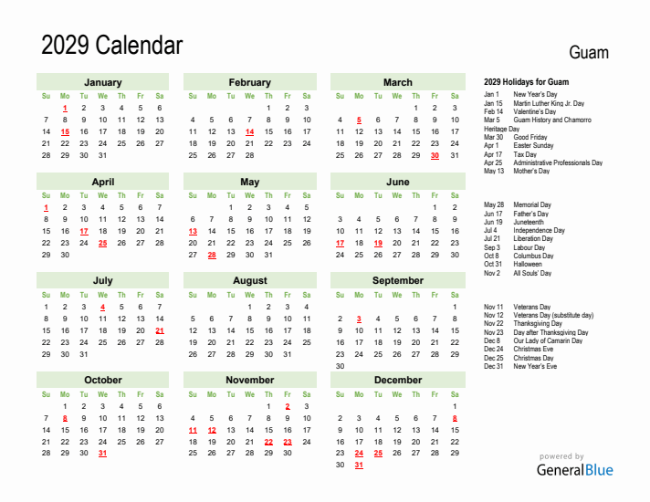 Holiday Calendar 2029 for Guam (Sunday Start)