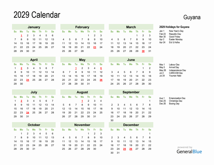 Holiday Calendar 2029 for Guyana (Sunday Start)