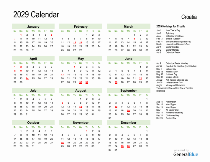 Holiday Calendar 2029 for Croatia (Sunday Start)