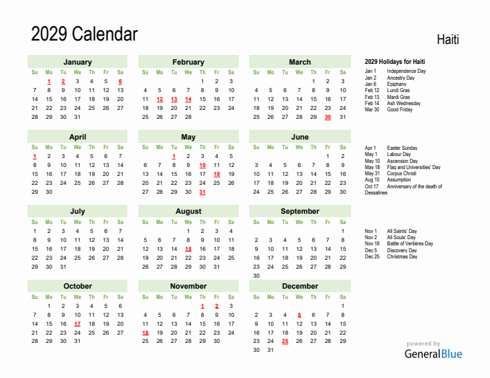 Holiday Calendar 2029 for Haiti (Sunday Start)