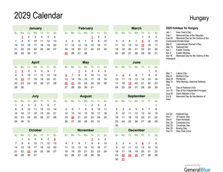 Holiday Calendar 2029 for Hungary (Sunday Start)