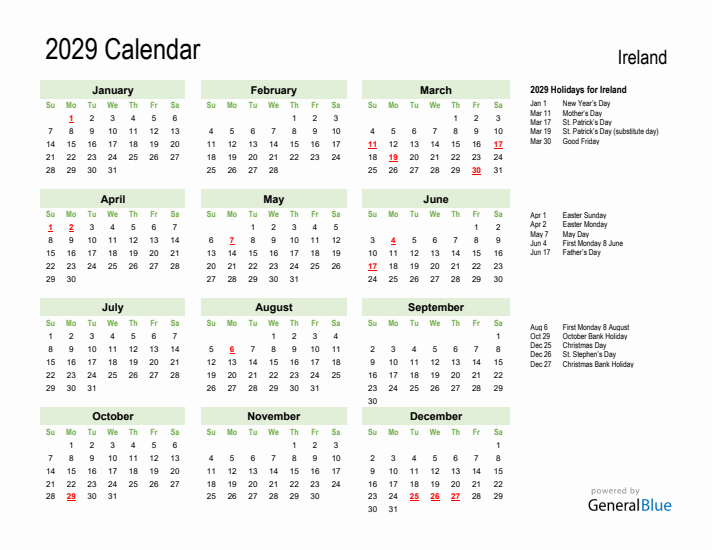 Holiday Calendar 2029 for Ireland (Sunday Start)