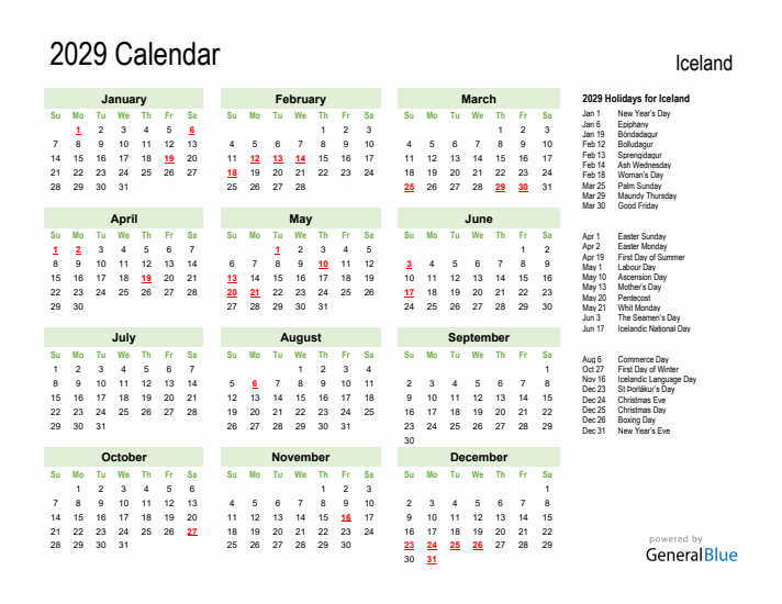 Holiday Calendar 2029 for Iceland (Sunday Start)