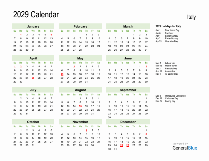 Holiday Calendar 2029 for Italy (Sunday Start)