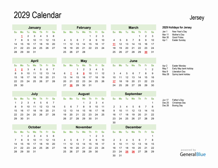 Holiday Calendar 2029 for Jersey (Sunday Start)