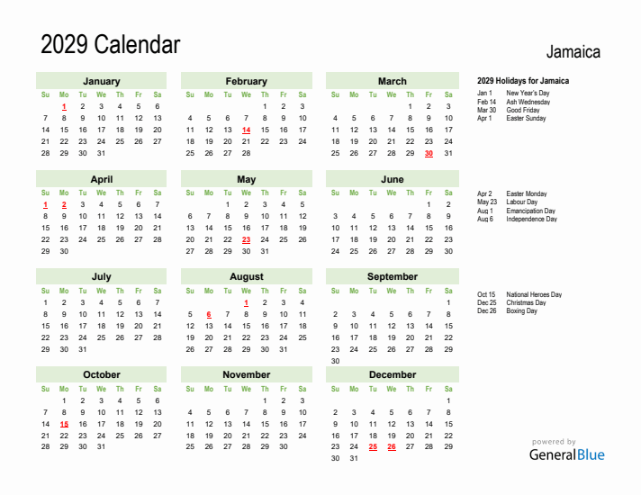 Holiday Calendar 2029 for Jamaica (Sunday Start)
