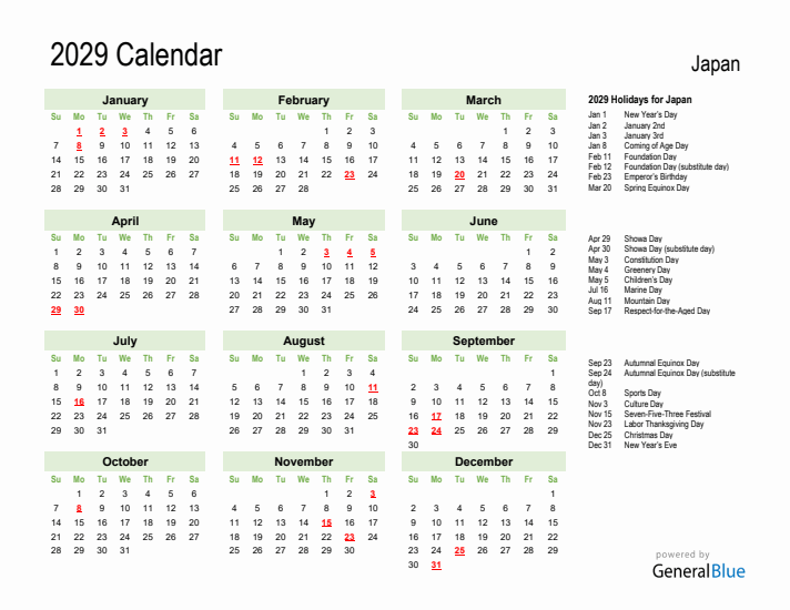 Holiday Calendar 2029 for Japan (Sunday Start)