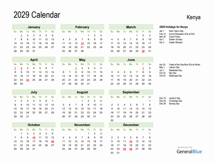 Holiday Calendar 2029 for Kenya (Sunday Start)