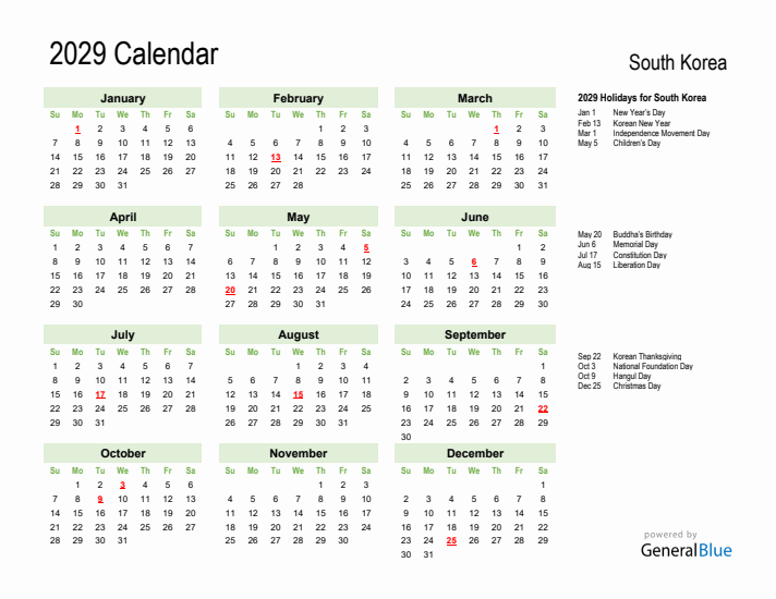 Holiday Calendar 2029 for South Korea (Sunday Start)