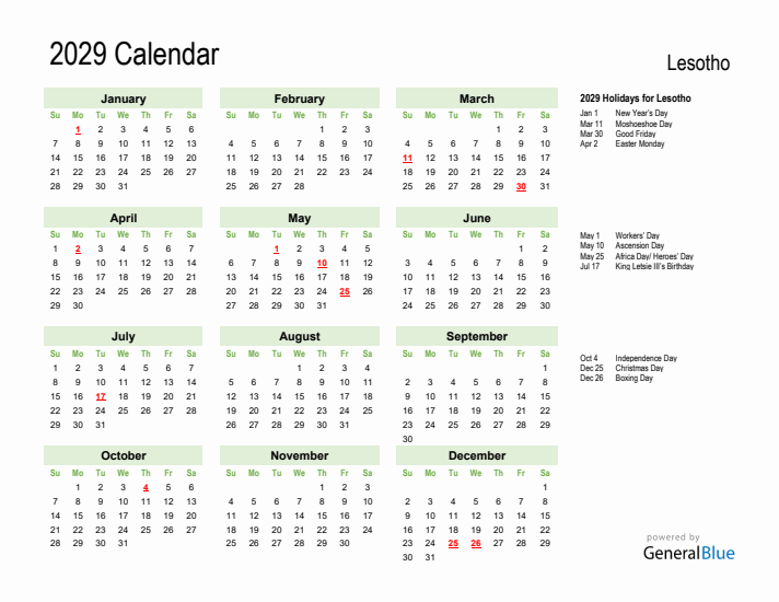 Holiday Calendar 2029 for Lesotho (Sunday Start)