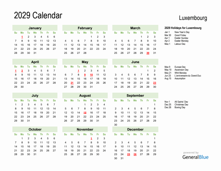 Holiday Calendar 2029 for Luxembourg (Sunday Start)