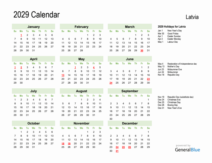 Holiday Calendar 2029 for Latvia (Sunday Start)