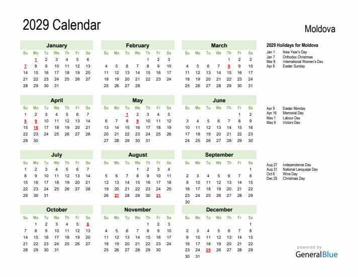 Holiday Calendar 2029 for Moldova (Sunday Start)