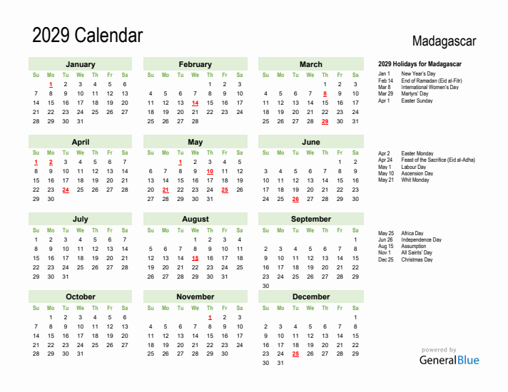 Holiday Calendar 2029 for Madagascar (Sunday Start)
