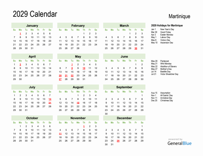 Holiday Calendar 2029 for Martinique (Sunday Start)