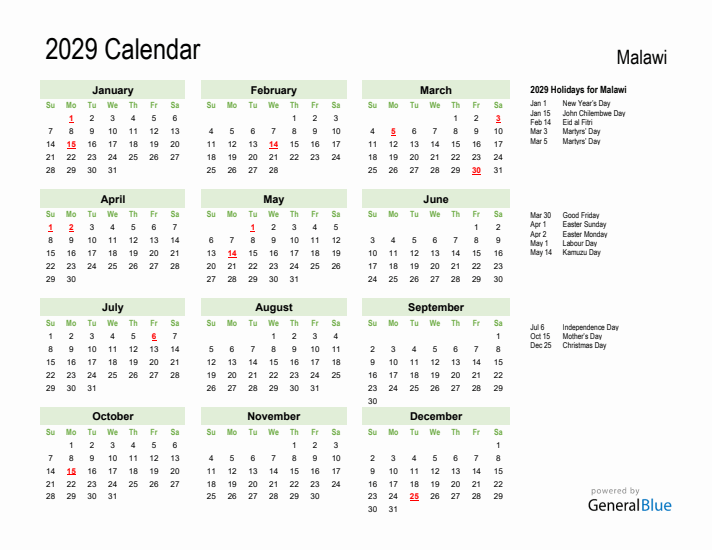 Holiday Calendar 2029 for Malawi (Sunday Start)
