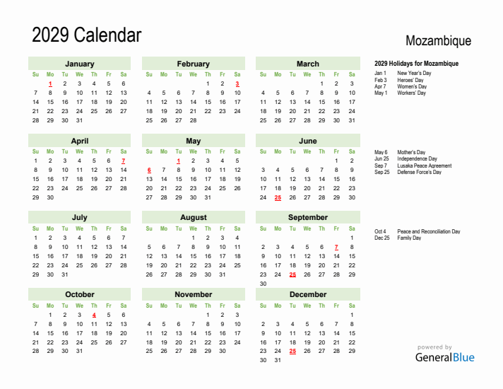 Holiday Calendar 2029 for Mozambique (Sunday Start)