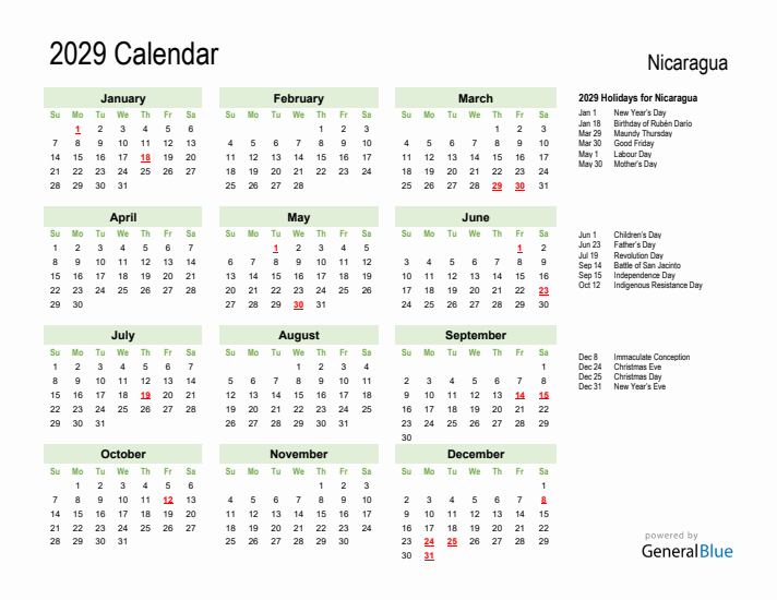 Holiday Calendar 2029 for Nicaragua (Sunday Start)
