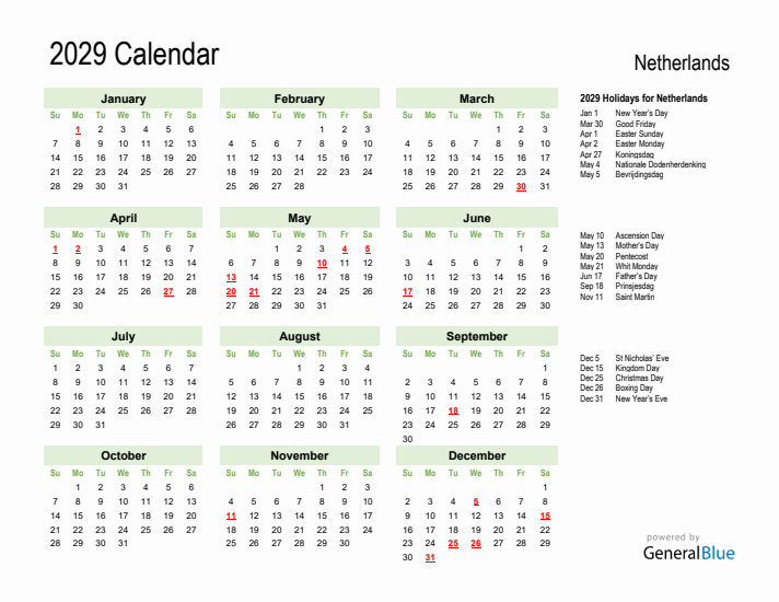 Holiday Calendar 2029 for The Netherlands (Sunday Start)